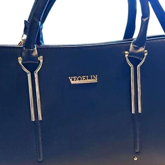 Veoelin Black Faux Leather Structured Handbag With Gold Accents & Detachable Str - Picture 3 of 9